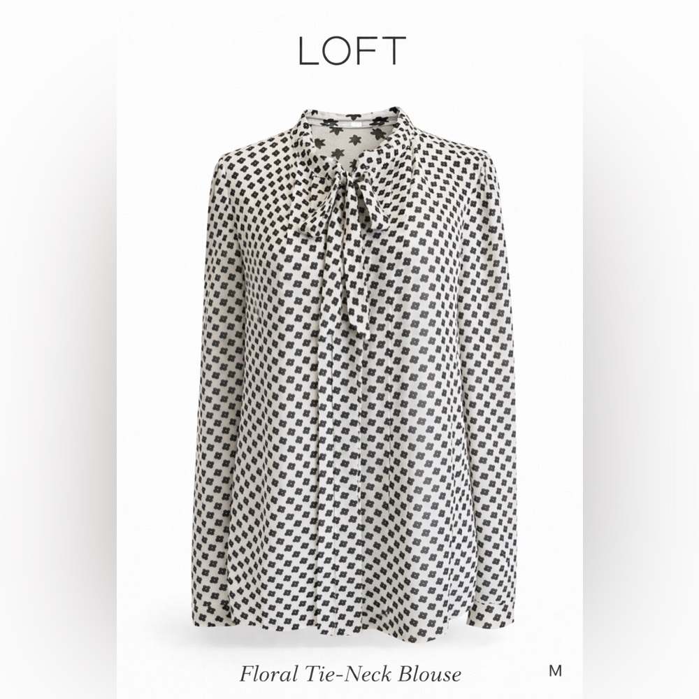 LOFT Monochrome Floral Print Blouse Tie Neck Long Sleeve top Black/White M